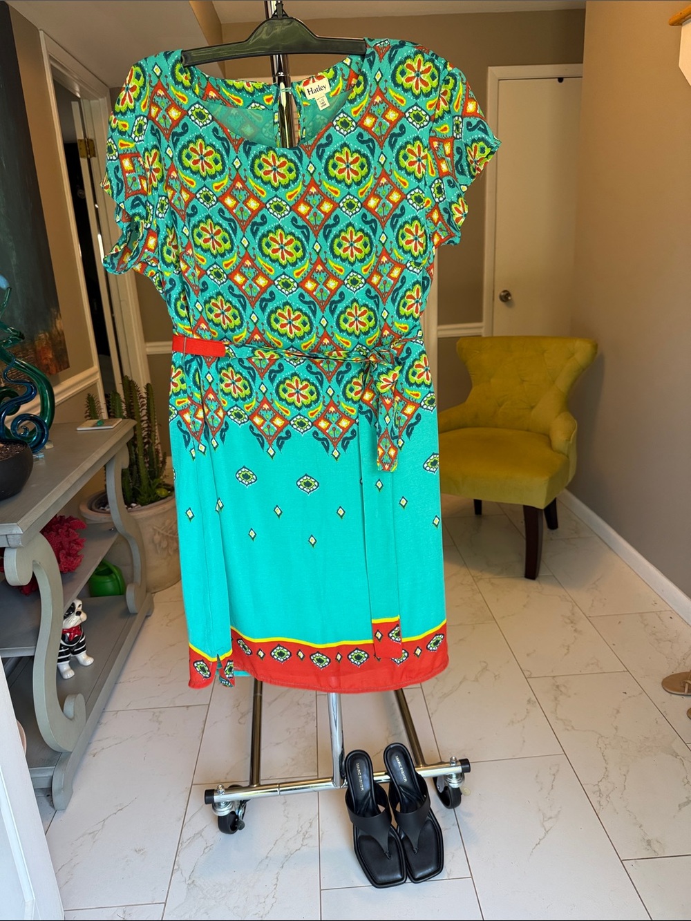 Hatley Turquoise Geometric Print Belted Dress Size L